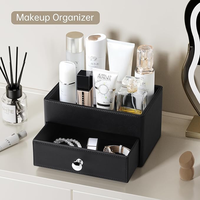MEIBOOCH PU Leather Desk Organizer with Drawer, Multifunctional Nightstand Organizer, Waterproof Makeup Organizer for Vanity Bathroom Countertop Bedside Table (Black)