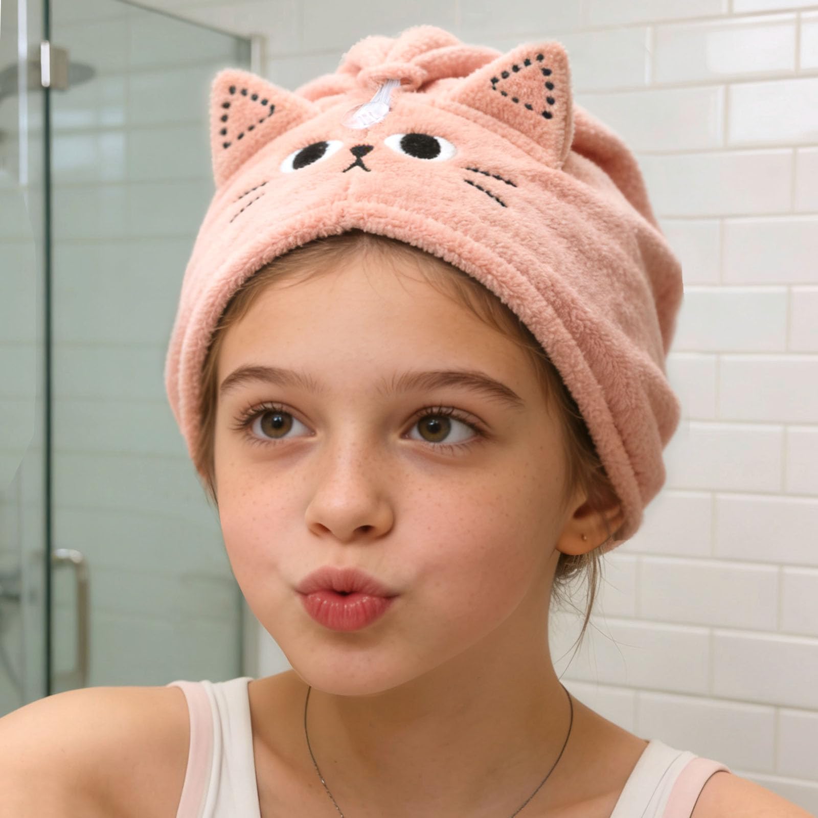 KIGOTWIN 2Pack Microfiber Hair Towel Wrap for Kids, Cute Cat Absorbent Hair Drying Turbans Head Towels for Women Girls (Pink and Gray cat)
