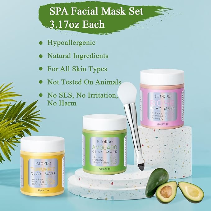 3Pack Clay Mask, Turmeric Vitamin C, Avocado, Rose clay mask for face, Face Mask Skin Care for Deep Cleaning Reduce Blackheads Dark Spots, Spa Gifts for Women, 3.17 Oz Each