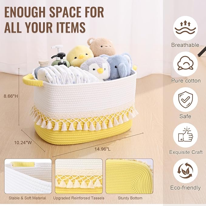 2 Pack Storage Basket for Shelves, Boho Cotton Rope Storage Bins with Heavy Tassel, Shelf Baskets Large Woven Baskets for Organizing, Cube Organizer Bins, Baby Laundry Basket for Clothes, Toys, Pets