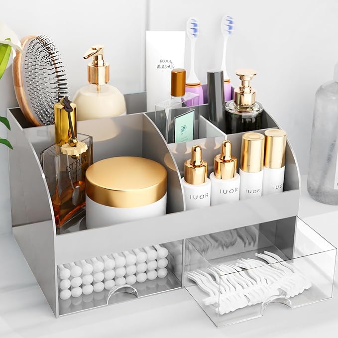 Makeup Organizer with Drawers, Cosmetic Storage for Dresser Vanity and Bathroom Countertop, Beauty Holder for Lipstick Brush, Skincare Organizer for Vanity, Cosmetic Display Case (White)