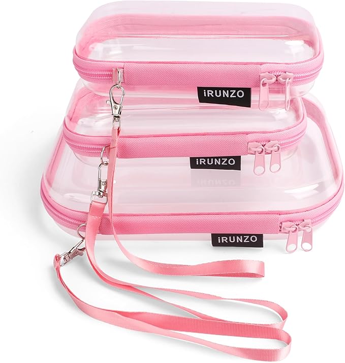 iRUNZO 3 PCS Clear Hard Shell Zipper Case With Handle Strap，Clear Plastic Waterproof Cosmetic Makeup Bags Toiletry Pouches for Travel With Double Zipper，Kid's Toy Storage Organizer Bins Box