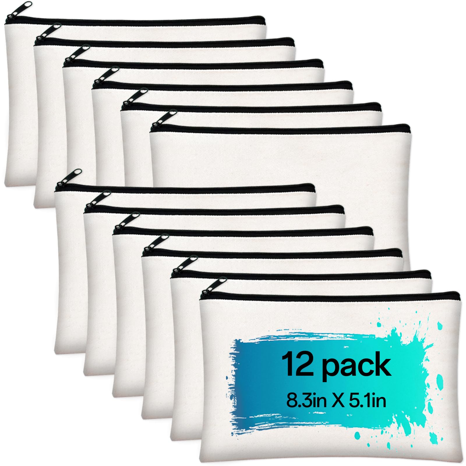 ZeeDix 12 Pieces Canvas Pouch Bulk- White Blank DIY Craft Bag Canvas Zipper Bags Multipurpose Cosmetic Makeup Travel Toiletry Bag for Storage(8.3 x 5 inches)