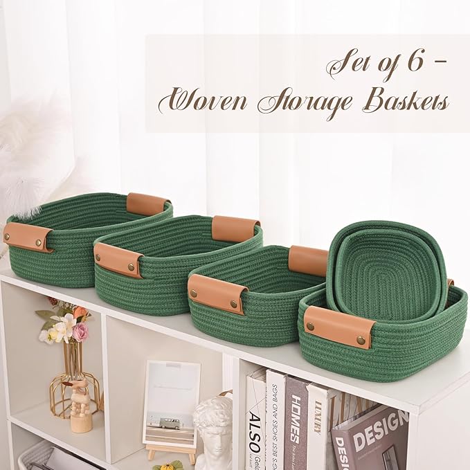 Storage Baskets for Organizing, Small Woven Basket Set of 6-4 Shelf Basket with Leather Handle and 2 Small Gift Baskets, Cotton Rope Basket for Shelves, Nursery, Dog Toy, Bathroom