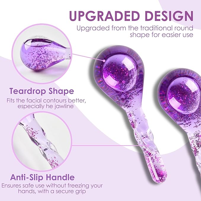 Facial Ice Globes, Cryo Cooling Balls with Anti-Slip Handle for Face, Eyes & Neck, Relaxing Beauty Massage Tool for Soothing and Refreshing Skincare Routine, Glitter Purple