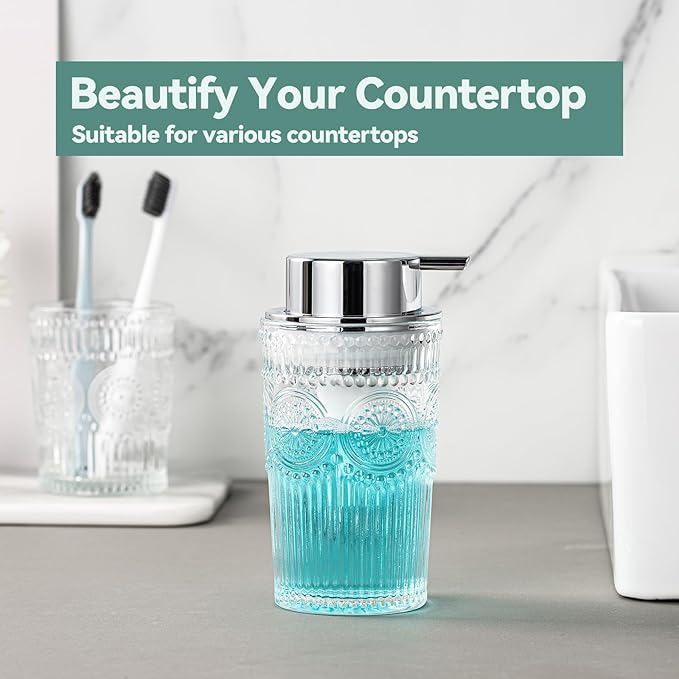 AZMOYAC Glass Foaming Soap Dispenser - Foam Hand Soap Dispenser Bathroom, 10 OZ Clear Refillable Liquid Dispenser for Kitchen Dish Dispenser Silvery Foam Pump