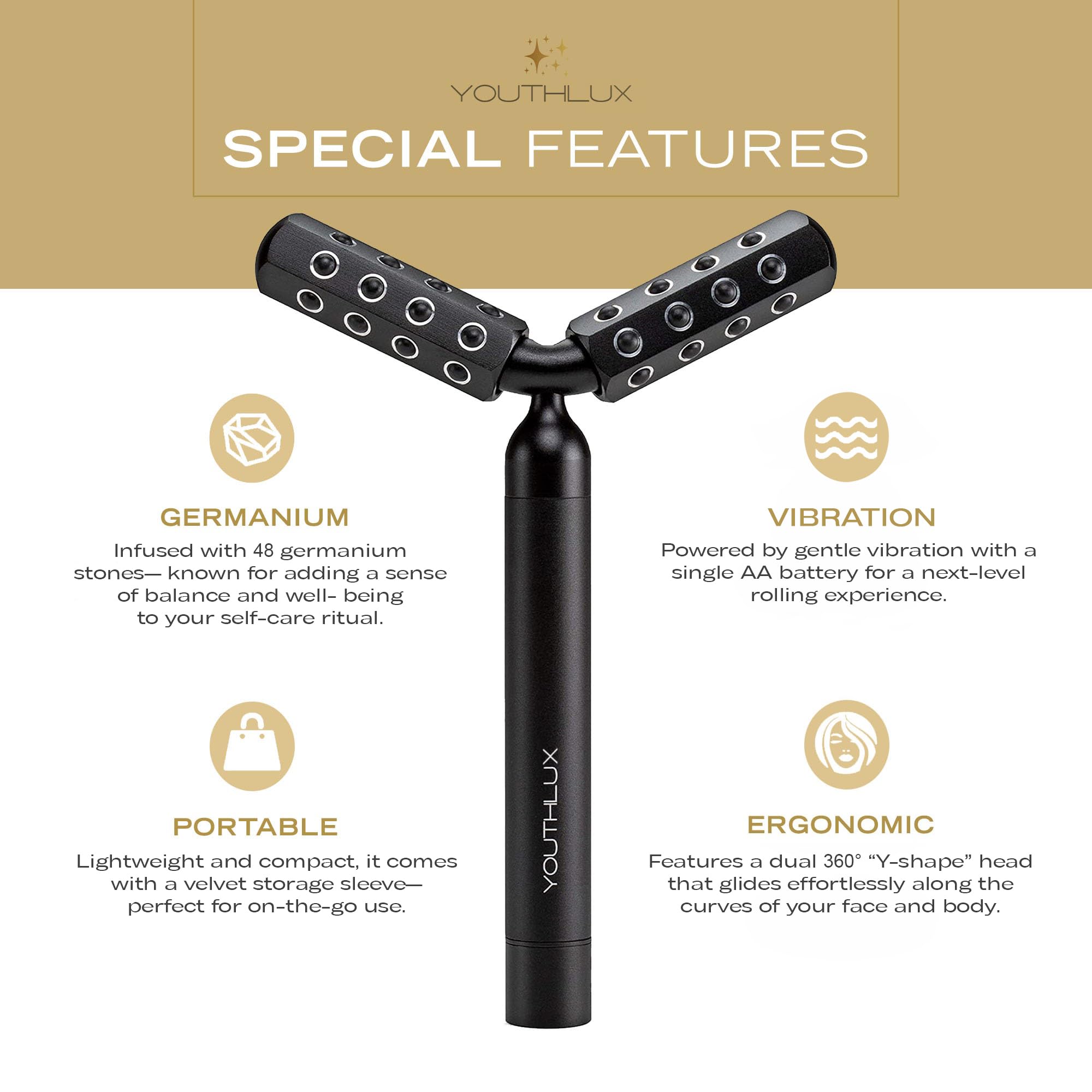 YOUTHLUX Revolution Roller - Germanium Stone Uplifting Face/Body Beauty Massage Tool/Roller/Wand for Skin Tightening/Firming, De-Puffing, Anti-Aging (Black)