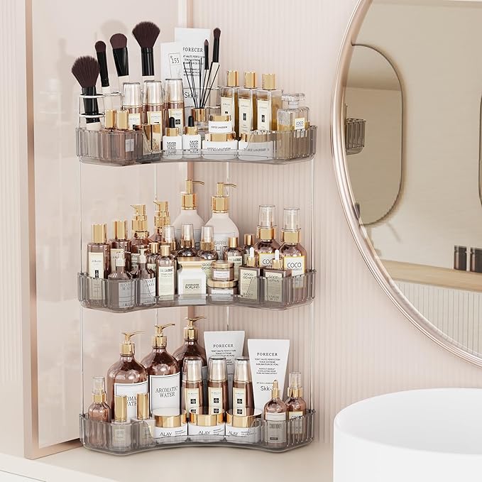 Asayuee 2-Tier Corner Bathroom Counter Organizer with Top Toothbrush Holders,Large Makeup Organizer Countertop with Brush Holder,Skincare Organizers Corner,Exquisite Vanity Organizer (Gray