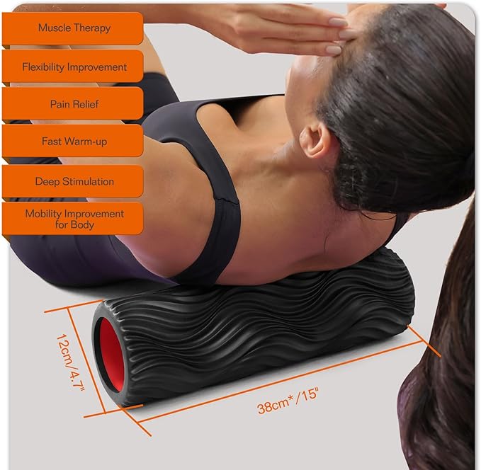 CINDALOG Foam Roller, 15" High Density Foam Back Roller, Wave Textured Massage Roller for Deep Muscle Massage Pilates Yoga,Fitness Exercise Roller for Whole Body Release(Black)