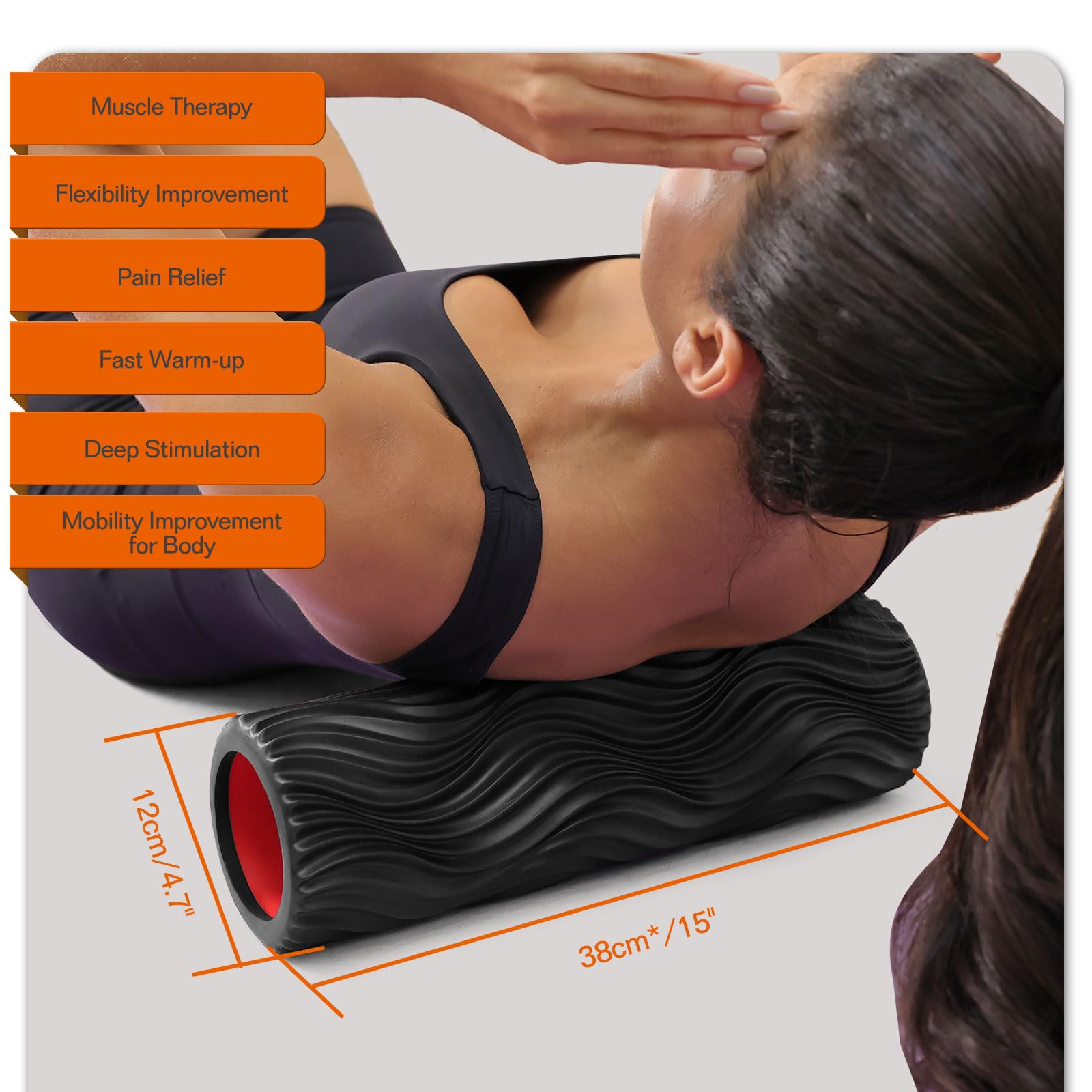 CINDALOG Foam Roller, 15" High Density Foam Back Roller, Wave Textured Massage Roller for Deep Muscle Massage Pilates Yoga,Fitness Exercise Roller for Whole Body Release(Black)