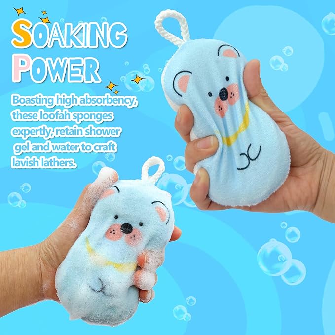 JieLiLeHome Baby and Kids Bath Loofah Sponge, Soft and Absorbent Toddler Exfoliating Body Scrubber Shower Loofa Sponge,Cute Pattern Design for Kids Baby Women Boys and Girl, 3 Pack (Bear/Dog/Cat)