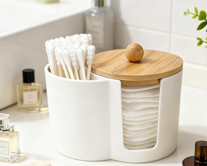 PENGARO Cotton Pad Swab Holder, Q tip Holder Round Cotton Pads Dispenser Small Plastic Swabs Dispenser with Lid, Bathroom Accessories Storage Organizer for Bud Floss Picks, White