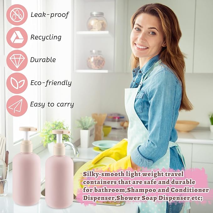 DMuuuDM 6 Pcs 10 oz Soft Plastic Bottles with Press Pump,Empty Refillable Travel Shampoo Dispenser Container for Hand Soap,Shampoo,Lotion,Body Wash,Conditioner,Silicone Funnel Included (Pink)