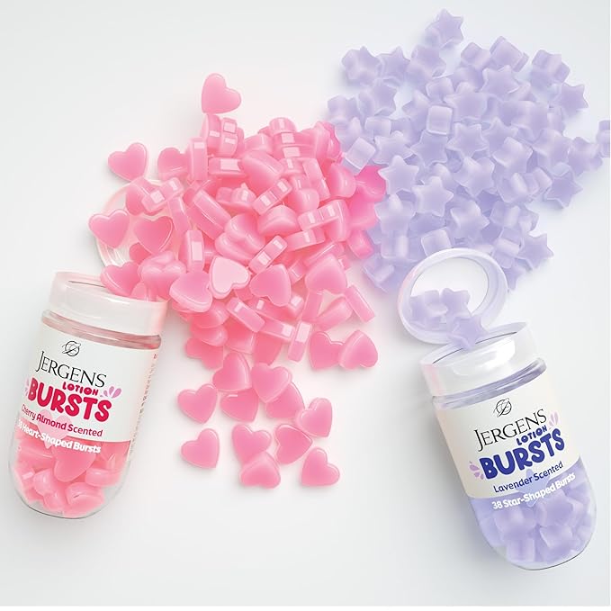 Jergens Cherry Almond Lotion Bursts, Squishy Heart-Shaped Moisturizer Bursts, Gifts for Teen Girls or Boys, 38 Ct