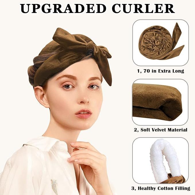Gwabee Heatless Curls Overnight Hair Curler, 70" Soft Hair Curlers to Sleep In No Heat Curls Overnight, 9 PCS No Heat Curlers Set for Women - Golden Brown