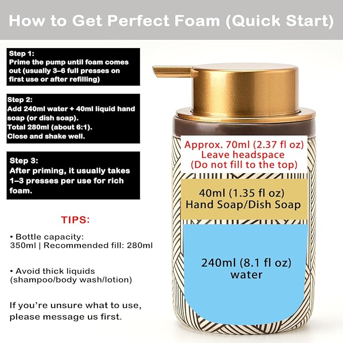 GIRLUFO Brown Foaming Soap Dispenser,Ceramic Foam Soap Dispenser for Bathroom&Kitchen,12oz Foam Dispenser with Plastic Gold Pump(Unique&Modern)