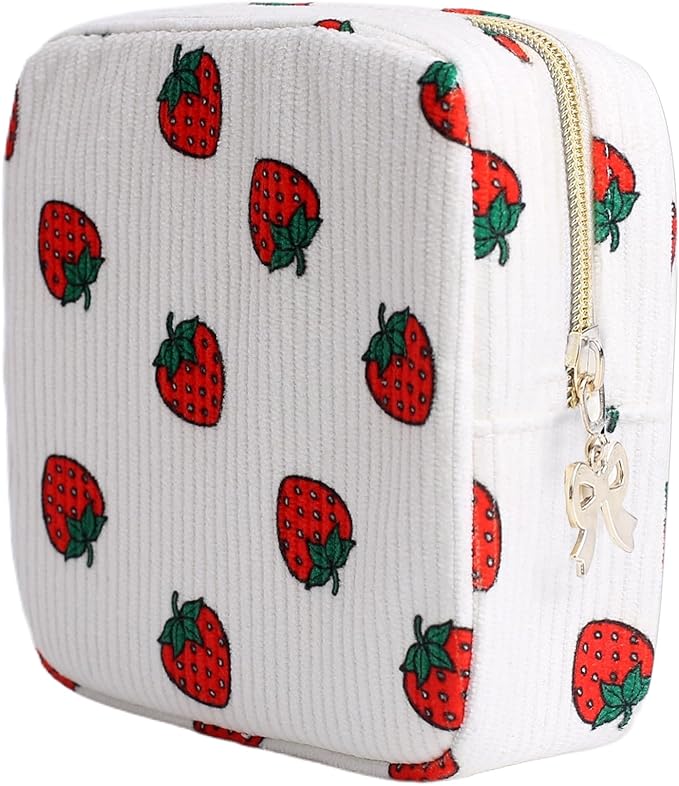 Teircno Period Bag for Women, Portable Corduroy Sanitary Napkin Storage Bag Strawberry Period Pouch with Zipper, Sanitary Pads Bag Tampons Holder for Purse, First Period