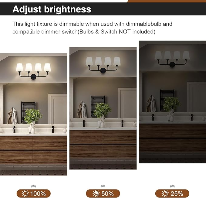 Bathroom Vanity Light, Matte Black Bathroom Light Fixtures, 4-Light Lighting Fixtures Over Mirror, Modern Wall Sconce with Flared White Fabric Shade, E26 Socket(ETL Listed)