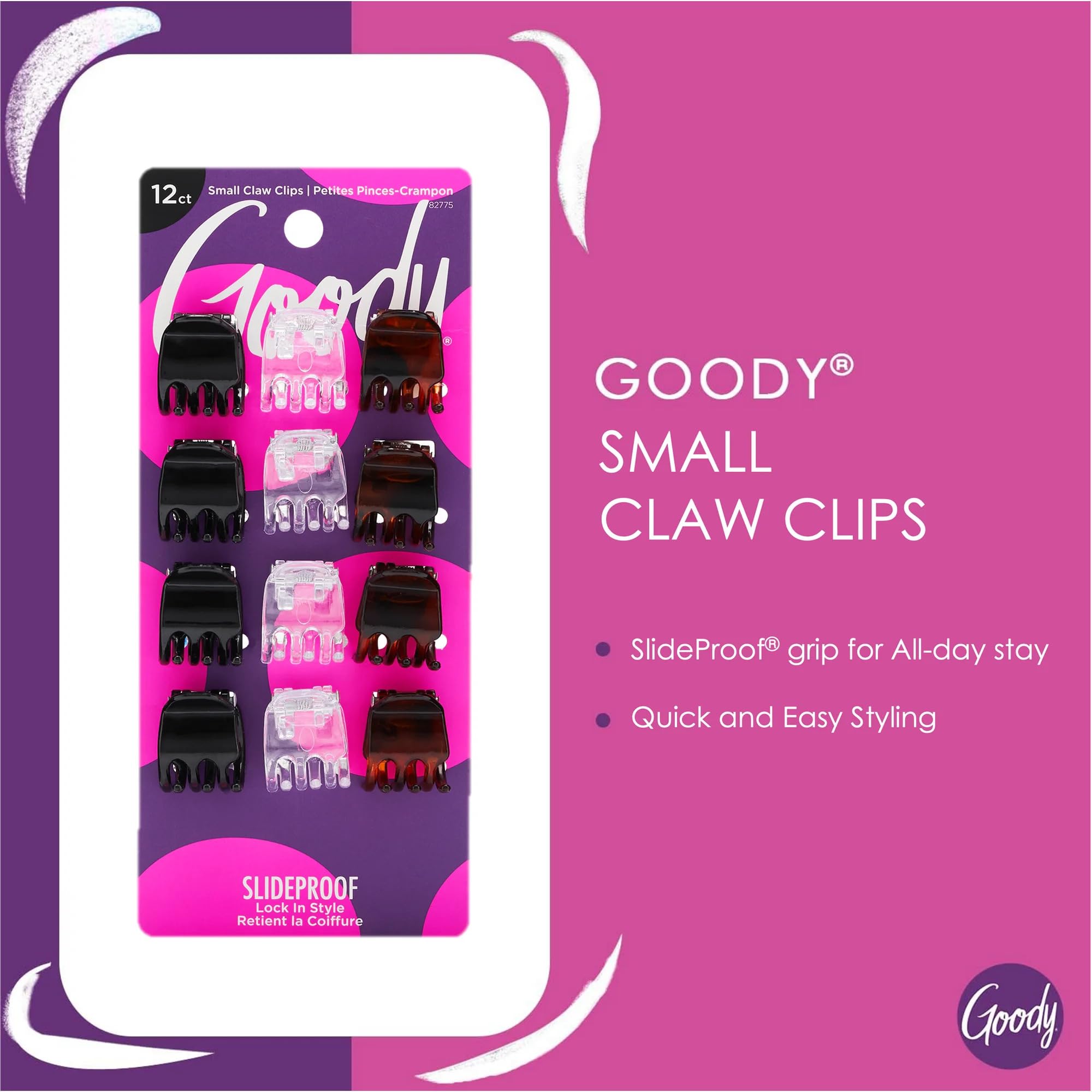 Goody Small Basic Half-Claw Hair Clips, 12-Count – 3-Prong Claw Clips for All Hair Types, Neutral Colors (Black, Tortoise, Clear), SlideProof Grip for All-Day Hold