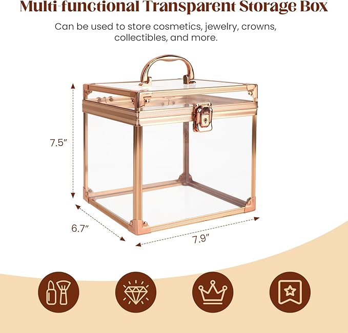 Donghome Crown Box 7.9 x 6.7 x 7.5inch, Clear Makeup Case,Cosmetic Organizer, Large Capacity Transparent Acrylic Artists Display Case for Vanity,Bathroom Counter or Dresser (Rose Gold)