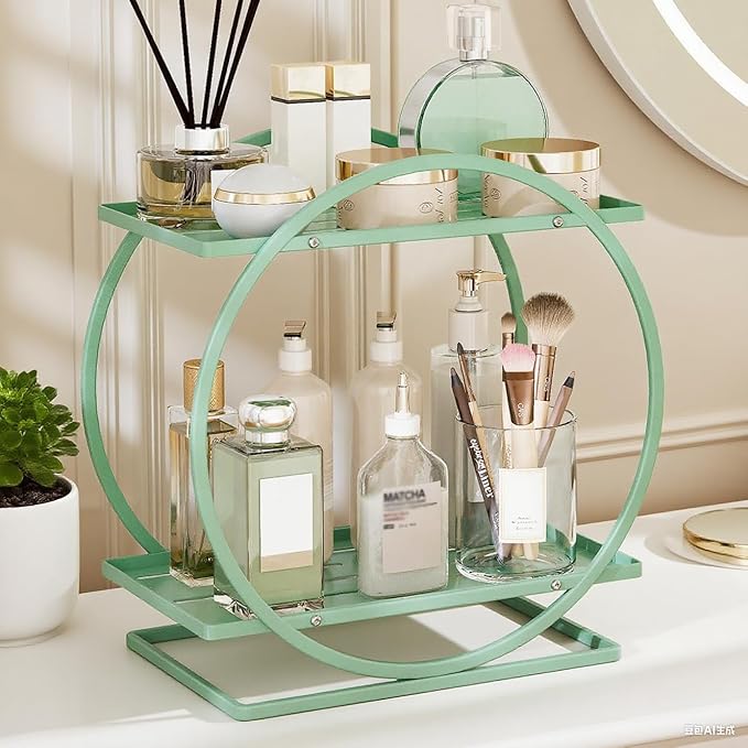 YIWANFW Perfume Organizer for Dresser, 2-Tier Bathroom Counter Organizers, Elegant Round Makeup Organizer for Vanity, Bathroom Organizer Countertop Shelf, Perfume Tray Skincare Storage (Green)