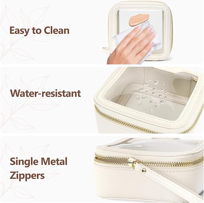 PACKISM Structured Clear Makeup Bag - Faux Leather Cosmetic Pouch with Reinforced Frame, Stand-Up Toiletry Organizer for Purse & Car Console, Mini White