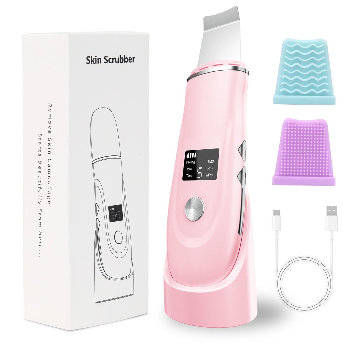 Face Scrubber Skin Spatula - Blackhead Remover Deep Cleansing Tool for Pore Extraction, 4-in-1 Fast Charging Dock Blackhead Remover Face Spatula for Facial Skincare Women Gift (Pink)