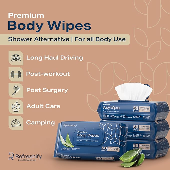 200 XL Body Wipes for Adults Bathing No Rinse, XL Shower Wipes and Disposable Washcloths, Wipes for Adults, Adult Wipes for Elderly Care and Recovery, Travel Wipes Included, 8"x 12"