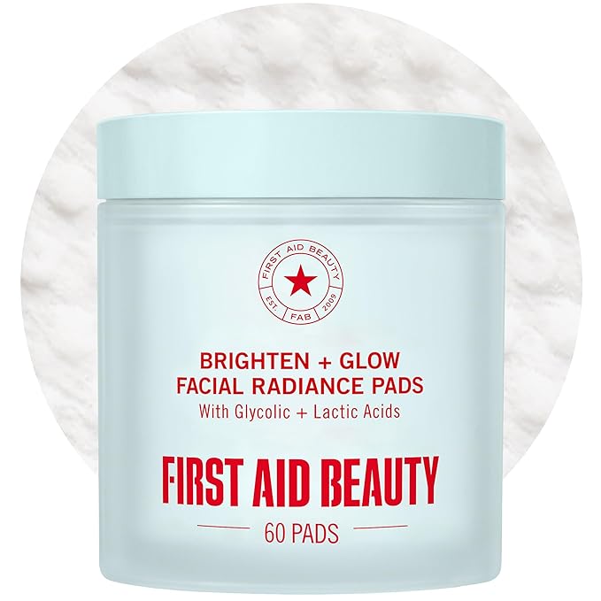 First Aid Beauty - Facial Radiance Pads with Glycolic & Lactic Acids, Daily Exfoliating Pads with AHA, Visibly Smaller Pores, Help Tone & Brighten Skin, One-Step Makeup Prep, Compostable, 60ct