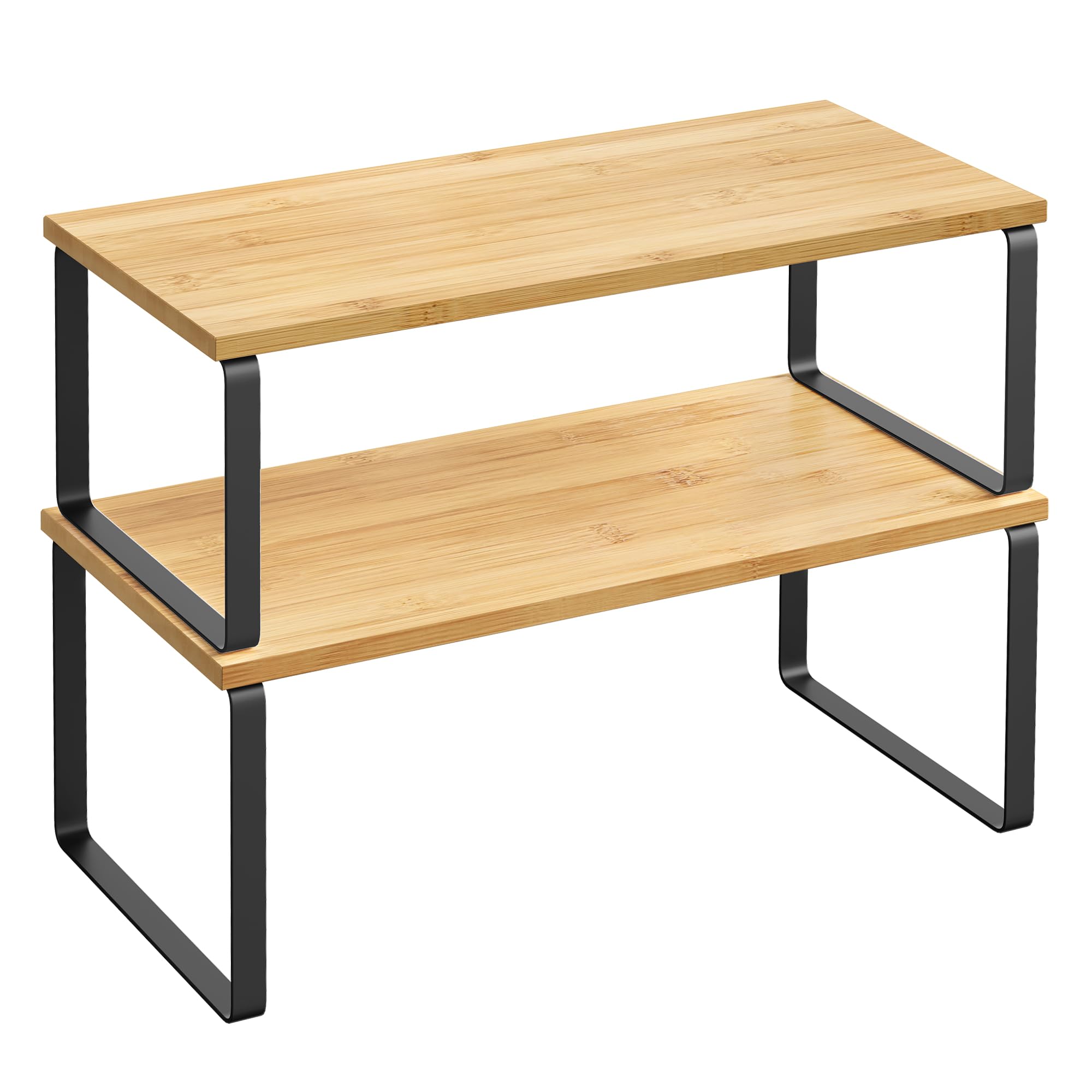 SONGMICS Cabinet Organizer Shelf, Set of 2 Kitchen Counter Shelves, Kitchen Storage, Spice Rack, Stackable, Expandable, Metal and Engineered Wood, 15.6 Inches, Ink Black and Natural Beige UKCS200B01