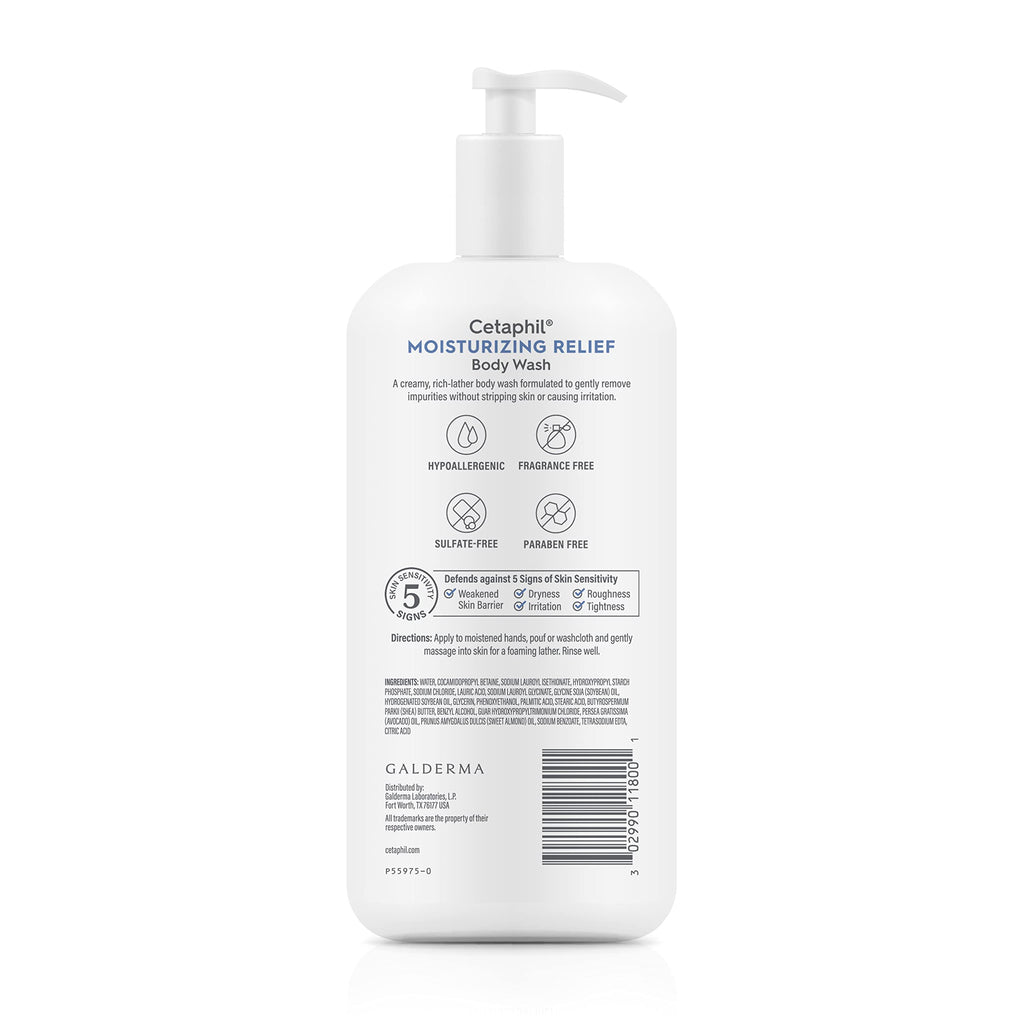Cetaphil Body Wash, Moisturizing Relief Body Wash for Sensitive Skin, Creamy Rich Formula Gently Cleanses and Gives 24 Hour Relief to Dry Skin, Hypoallergenic, Fragrance Free, 20 oz