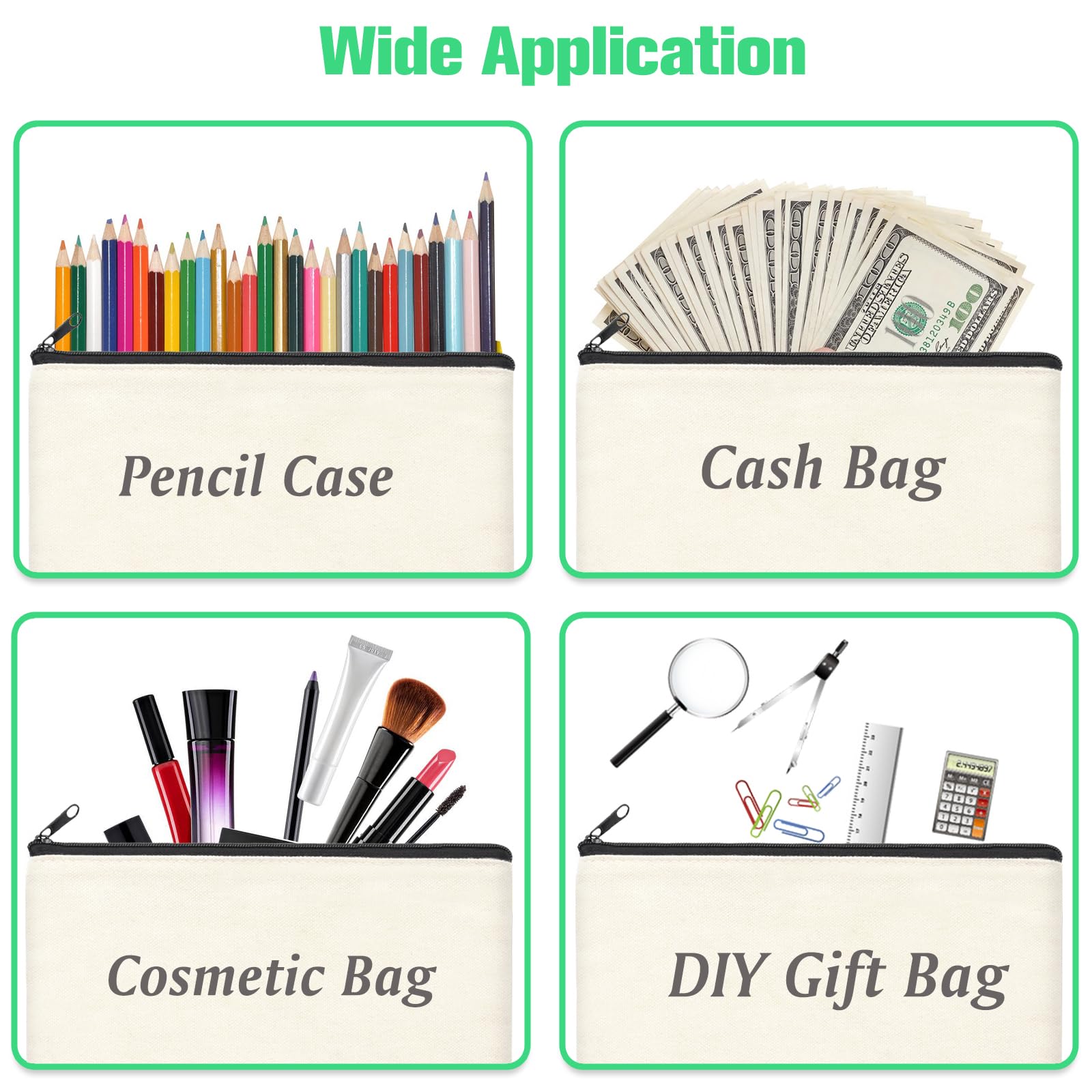 ZeeDix 12-Piece Canvas Pouch Bulk - Beige Blank DIY Craft Bag Zipper Bags Multipurpose Cosmetic Makeup Travel Toiletry Bag for Storage (8.3 x 5 inches)
