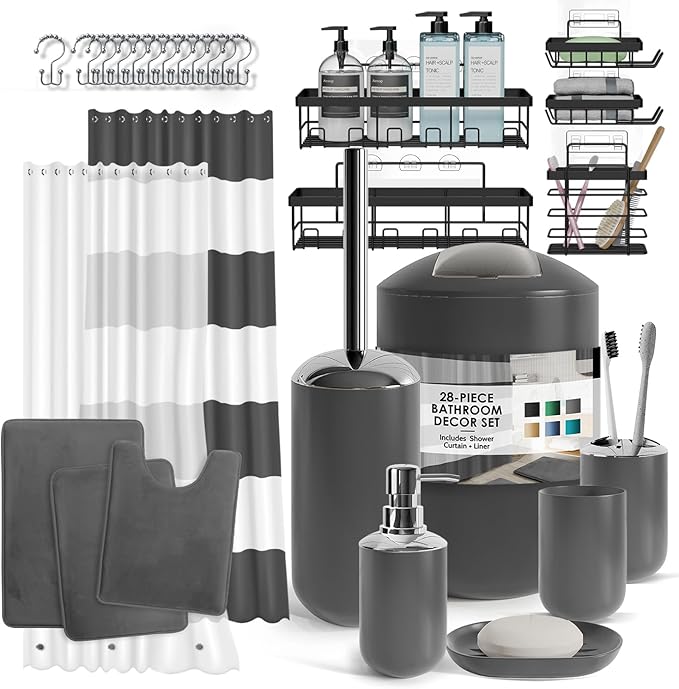 Clara Clark Bathroom Accessories Set - 23PC Shower Curtain Set with Bathroom Trash Can, Green Bathroom Set, Bathroom Sets with Shower Curtain and Green Rugs