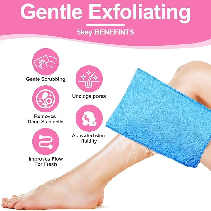Tatuo 12 Pack Korean Exfoliating Mitt & Cloth, Viscose Rayon Dead Skin Remover Washcloth, Multi Color Body Scrub Towel for Shower Spa Travel(Large,Purple, Yellow, Pink, Blue)
