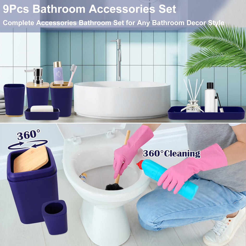 Bathroom Accessories Set, 9 Piece Navy Blue Bathroom Accessory Set with Trash Can,Toothbrush Holder,Toothbrush Cup,Lotion Soap Dispenser,Vanity Tray,Soap Dish,Toilet Brush,Qtip Holder