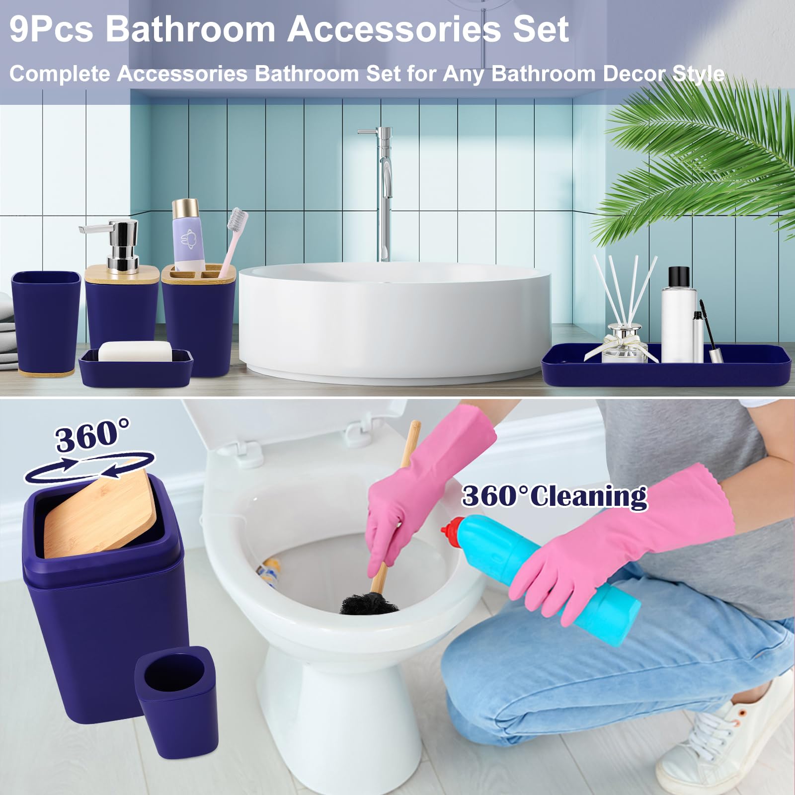 Bathroom Accessories Set, 9 Piece Navy Blue Bathroom Accessory Set with Trash Can,Toothbrush Holder,Toothbrush Cup,Lotion Soap Dispenser,Vanity Tray,Soap Dish,Toilet Brush,Qtip Holder
