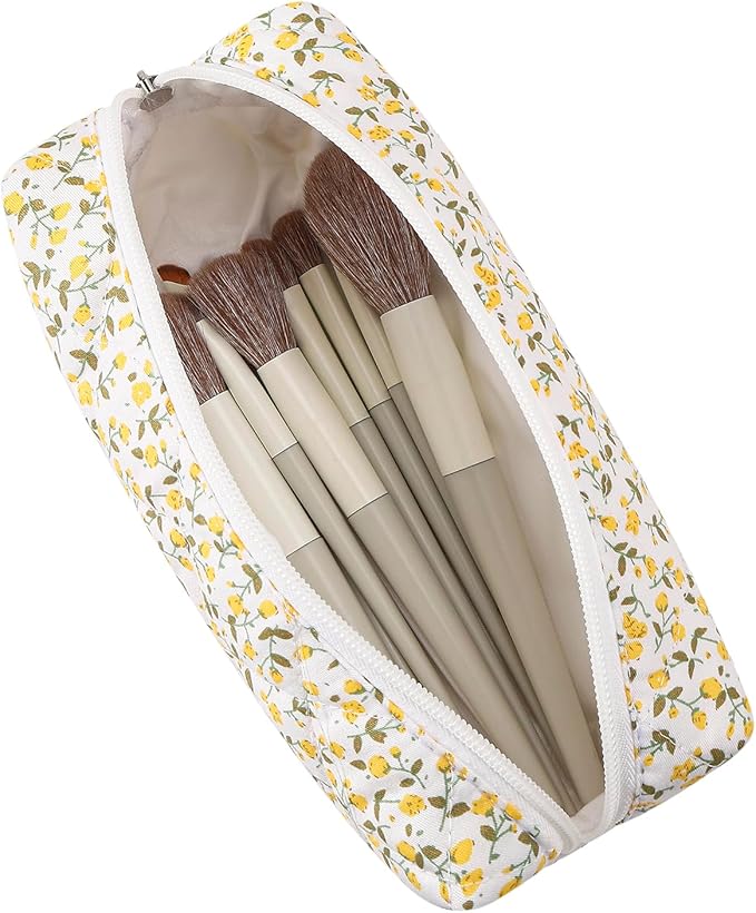 HHQQWZ Cute Floral Cotton Makeup Brush Cosmetic Bag for Women, Travel Quilted Zipper Make Up Bag, Flowers Toiletry Organizer Case Kawaii Makeup Cosmetic Travel Cloth Pouch (Yellow Floral)