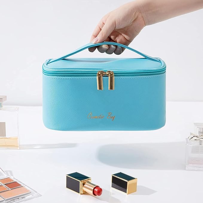 Meiyuuo Travel Makeup Bag for Women, PU Leather Cosmetic Bag, Bright Blue