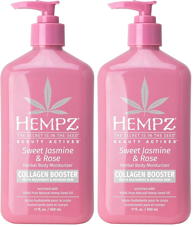 Hempz Sweet Jasmine & Rose Herbal Body Moisturizer for Women,17 Fl. oz. - Moisturizing Lotion with 100% Pure Hemp Seed Oil,Collagen,Shea Butter - Hydrating Vegan Lotion for Dry Skin,(Pack of 2)