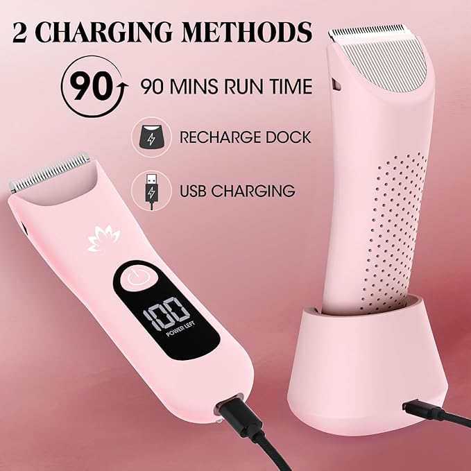 Bikini Trimmer for Women,Cordless Pubic Hair Trimmer,IPX7 Waterproof & LED Display Ladies Electric Razors Body Hair Trimmers for Underarm Leg Arm,Gifts Pink