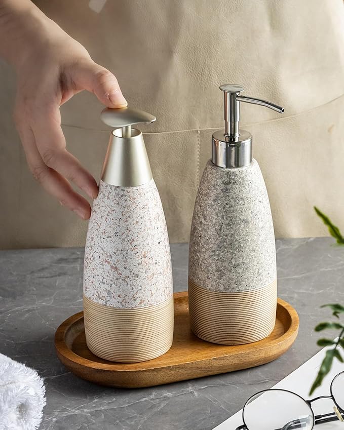 Soap Dispenser Set for Shower, Ceramic Refillable Soap Bottle for Shampoo, Conditioner, Bathroom & Kitchen with Silicone Funnel and 2 Pumps for Easter, Granite Peach Blossom, 12 oz