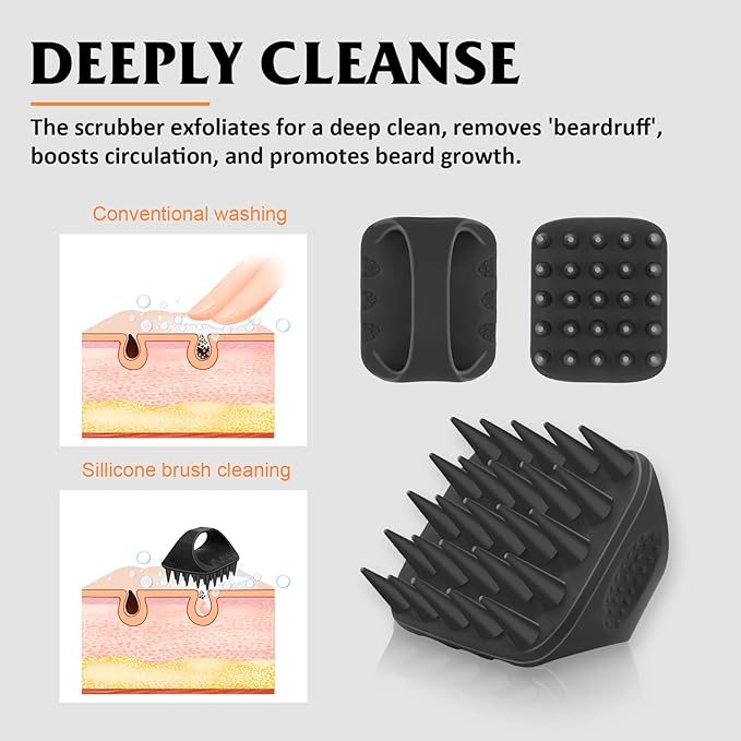 Silicone Beard Scrubber w/ Hook, Cleansing & Exfoliating Beard Care Brush