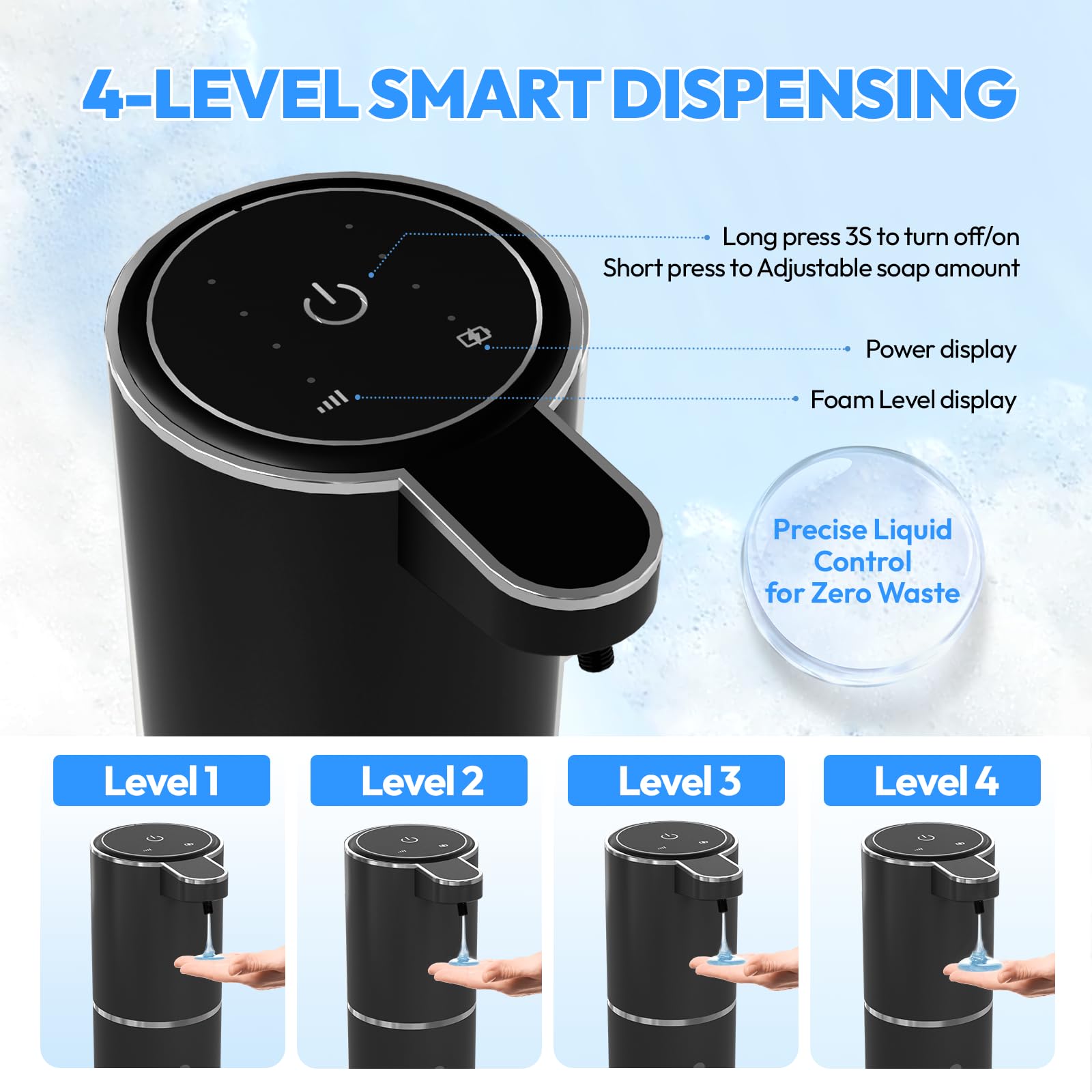 MTYGK Automatic Soap Dispenser Touchless,Liquid Hand Soap Dispenser 12.8oz USB 4levels Adjustable Dispenser Electric Wall Mounted Smart for Bathroom and Kitchen Dish Soap，Easy for Toddlers(Black)