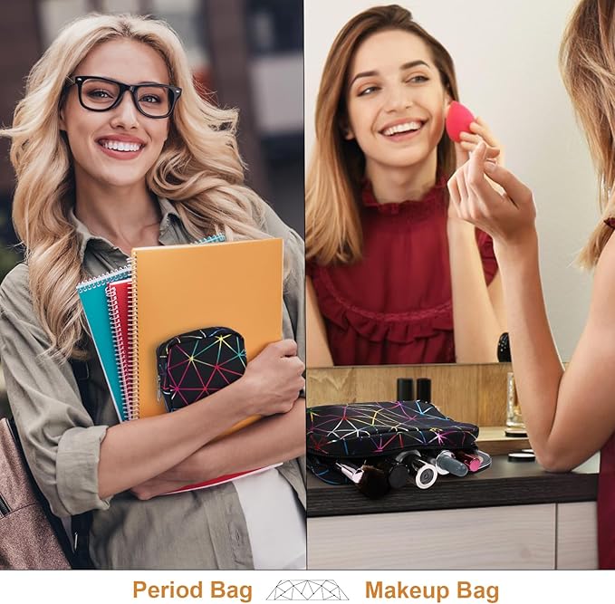 Likesing Period Bag for Teen Girls, Leather Sanitary Napkin Storage Bag, Portable Menstrual Pad Bag Period Pads Pouch, Small Make Up Bags(Colorful,Black)