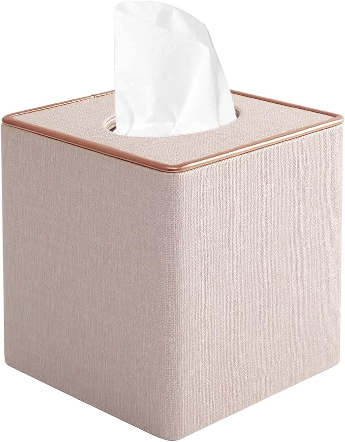 Tissue Box Cover Square Tissue Box Holder PU Leather Facial Organizer with Magnetic Bottom,Decorative Napkin Caddy for Vanity Dresser Night Stand Table Countertop Home Office Car,Beige