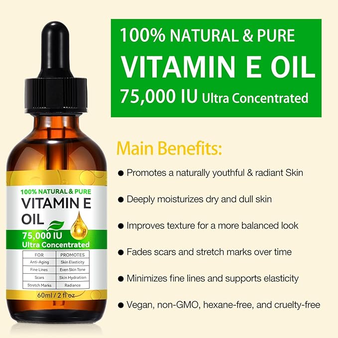 Pure Vitamin E Oil, 75,000 IU Ultra Concentrated & Natural for Smoothing Marks & Wrinkles & Moisturizing Skin & Hair & Cuticles, Cold Pressed/Hexane Free/Non-GMO, 60ML/2Fl Oz