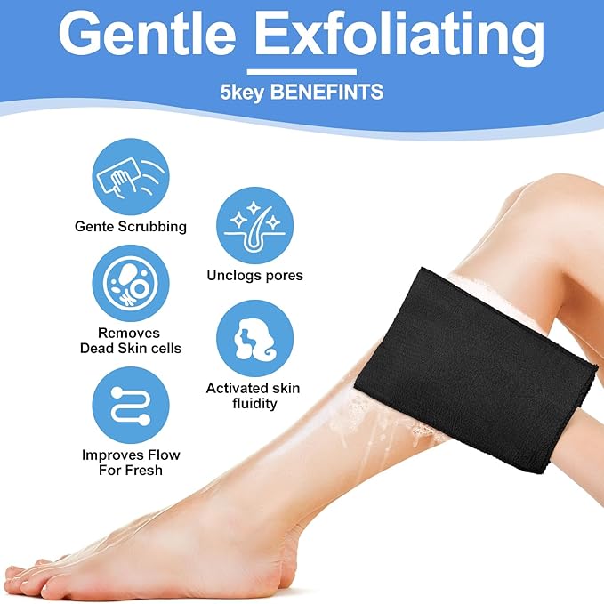 Tatuo 12 Pack Korean Exfoliating Mitt & Cloth, Viscose Rayon Dead Skin Remover Washcloth, Multi Color Body Scrub Towel for Shower Spa Travel(Small,Black)