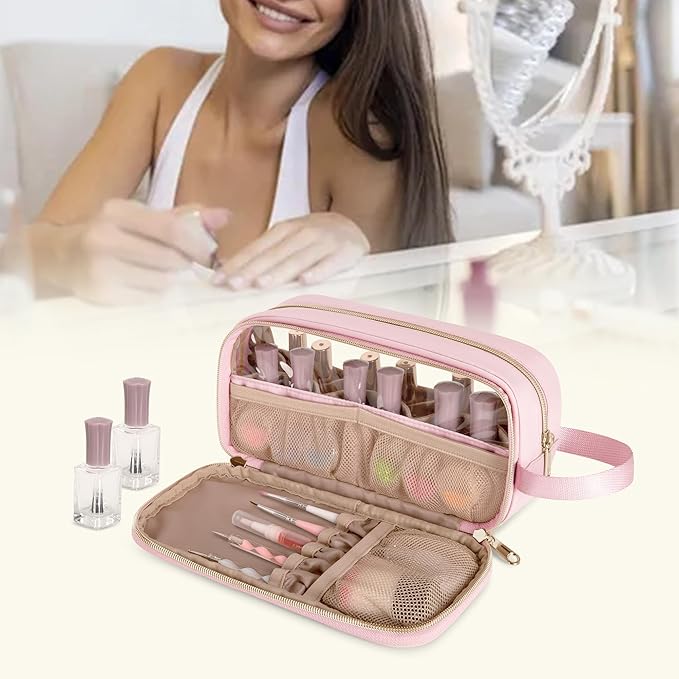Nail Polish Organizer Case Fits 12 Bottles (15ml), Nail Polish Supplies Storage Bag with Clear Window, Pink