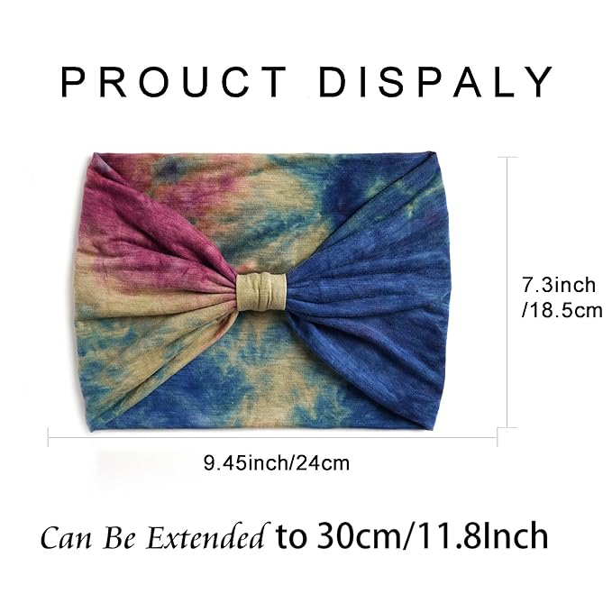 Boho Headbands For Women Fashion Stretch Wide Hair Bands Tie Dye Knoted Turban Head Bands Yoga Running Sweatband Elastic Headband Stylish Wrap Headbands Hair Accessories for Teen Girls 4 Pack
