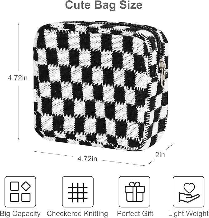 CekPo Sanitary Napkin Storage Bag, Menstrual Pad Zipper Checkered Portable Period Bag Panty Liners, Tampon Storage Pouch for Women Ladies Daily Use Storage Purse Travel